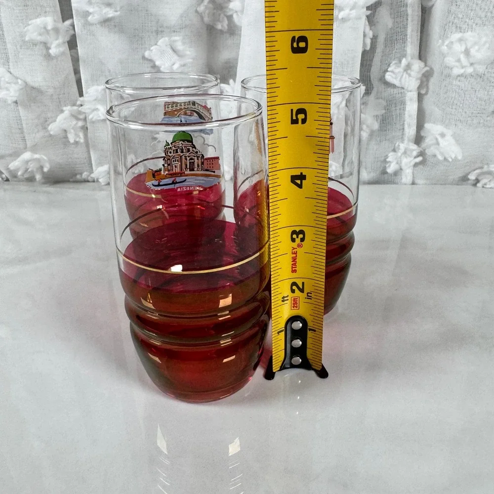 Set of 3 Venezia Souvenir Glasses‎ Venice Italy Tumblers Gold Band Red Flashing